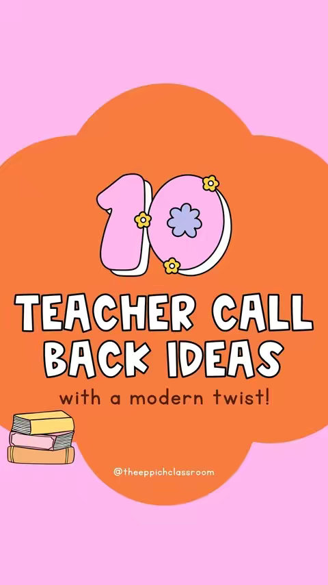 The image features a vertically oriented design with a pink background. An orange, cloud-shaped element serves as the background, with the number "10" stylized prominently in pink with daisy-like yellow flowers and a light blue center. The text "TEACHER CALL BACK IDEAS" is written in bold, white, sans-serif font below the number. Additional text "with a modern twist!" is below, smaller, and in the same font and white color. In the lower-left corner, a stack of three books, colored yellow, pink, and coral. The image also includes text with the creator's social media handle at the bottom.