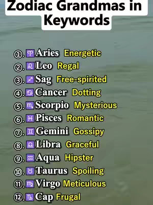 The cover image shows a list of zodiac signs, accompanied by corresponding keywords for each sign, organized as a quiz style for Gen Z. The background is a blurry water or abstract green and blue gradient.