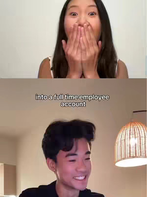 The image is split in two halves. The top half shows a young woman with dark hair and is covering her mouth with her hands while looking surprised. The bottom half shows a young man smiling and looking towards his laptop. The background of the top half is plain white, while the bottom half has a warm, dimly lit room with a hanging lamp visible to the right. In the center of the image, text overlays read "into a full time employee account".