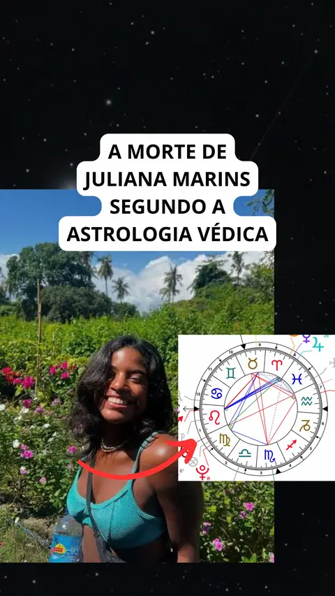 A woman with long dark hair smiles, wearing a teal top, in front of a flowery background and landscape. Overlayed  text on a black banner says "A MORTE DE JULIANA MARINS SEGUNDO A ASTROLOGIA VÉDICA". A zodiac wheel with multiple symbols is also on the image.