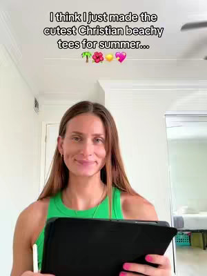 A woman with long brown hair is holding a black tablet in front of her, with text above her head. She is wearing a green top and smiling.