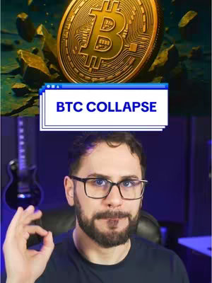 The cover image is divided into two main sections. The upper portion shows a golden Bitcoin breaking apart, with the background featuring a dark, possibly cosmic or abstract setting with floating fragments. A text overlay reading 'BTC COLLAPSE' in a white box with a blue outline is positioned below the Bitcoin. The bottom section showcases a man with glasses, a beard, and a dark shirt, gesturing with an OK sign in front of a blurred background that includes a microphone and a guitar. The overall composition is a blend of symbolic imagery and a presenter, suggesting an informational video.