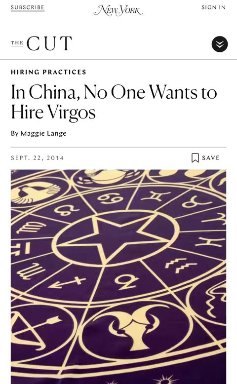 The image shows a page from "The Cut" magazine with the headline 'In China, No One Wants to Hire Virgos'. Below, a Zodiac chart in shades of purple and gold dominates a central image, featuring astrological symbols and constellations. The text appears in a clear, readable font.