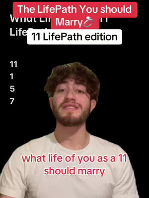 A man with a beard and short brown hair is the main focus, set against a black background. Above him, text in red and white boxes offers context about life path compatibility. Below the man, more text is shown in a similar red box.