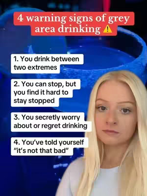 The cover image features a blonde woman in front of a blue-lit background. Text overlays list warning signs of grey area drinking. The woman is looking directly at the camera with a neutral expression.