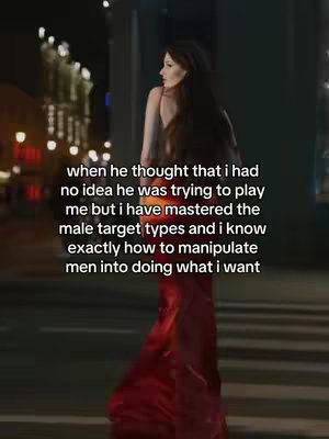 A woman wearing a red dress walks down a street at night, looking over her shoulder. Text overlays the image with details about her 'dark feminine playbook'. The background shows city lights.