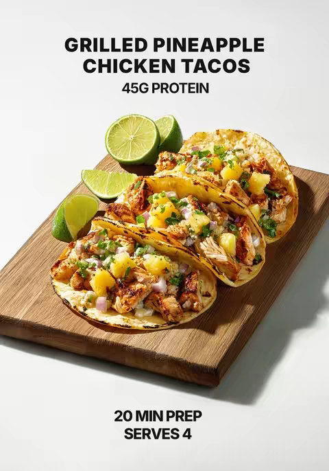 A well-lit overhead shot featuring a wooden cutting board with three tacos arranged diagonally. The tacos are filled with grilled chicken and pineapple, garnished with cilantro. Lime wedges are placed around. The background is plain white.