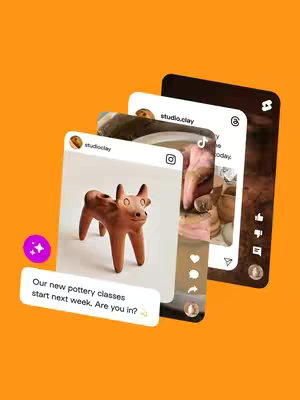 An image of three overlaid social media app screens set against an orange background. The screens appear to be Instagram and TikTok. The central screen shows a ceramic sculpture of a dog-like figure. A speech bubble with text overlayed in white is placed below the sculpture.