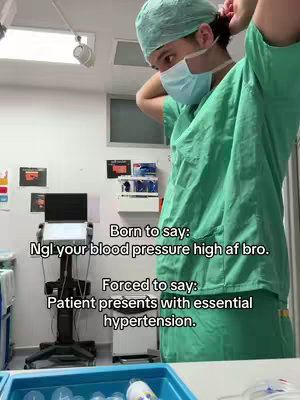 A person in medical scrubs and a mask is shown putting on a surgical cap. The background is a sterile environment, possibly an operating room or similar clinical setting. Text highlights a contrast between casual and professional language.
