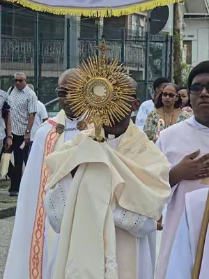 The image shows a religious procession, with a priest holding up a monstrance with the Eucharist. The monstrance is gold and detailed. The priest is wearing white and gold religious attire. Other people are visible in the background, suggesting a public event. The lighting is bright and the overall tone is reverent.
