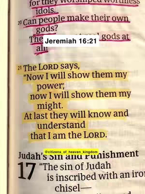 A close-up of a page from a book, likely a Bible, with highlighted text and the text "Jeremiah 16:21" overlaid.