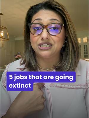 The cover image shows a woman wearing glasses and a pink top, with text overlayed saying "5 jobs that are going extinct". She's speaking directly to the camera, positioned in a room with warm lighting.
