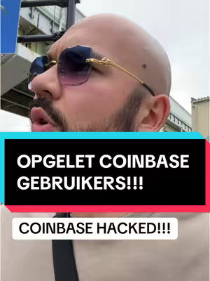 A man wearing sunglasses is positioned in front of some kind of public or urban infrastructure as the main subject matter. The image incorporates text overlays to highlight warnings about Coinbase.