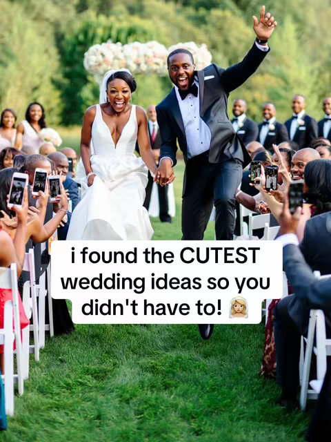 The image shows a bride and groom running down a wedding aisle, smiling broadly, with guests holding up phones to take photos. The background includes a grassy area, trees, and a floral arch.