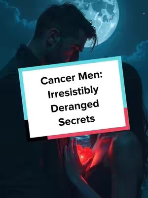 A romantic image depicts a man and a woman embracing under a night sky with a full moon. The man is seen from the back, his head tilted down, partially obscuring his face. The woman is in the foreground, with a red glow illuminating her midsection. A rectangular text overlay with a white background and black text stating 'Cancer Men: Irresistibly Deranged Secrets' is placed in the center, partially obscuring the figures.