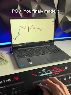 The image shows a person's perspective (POV) with a laptop displaying a stock chart and a mouse with the hand on a mousepad. There is money visible and the background is somewhat abstract.