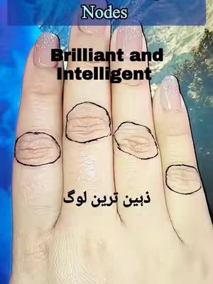 A hand with manicured nails is displayed with sections of the fingers highlighted with black outlines and text overlays to indicate zones of the palm related to palmistry. The background has soft blue and white hues, hinting at a subtle gradient or artistic effect.