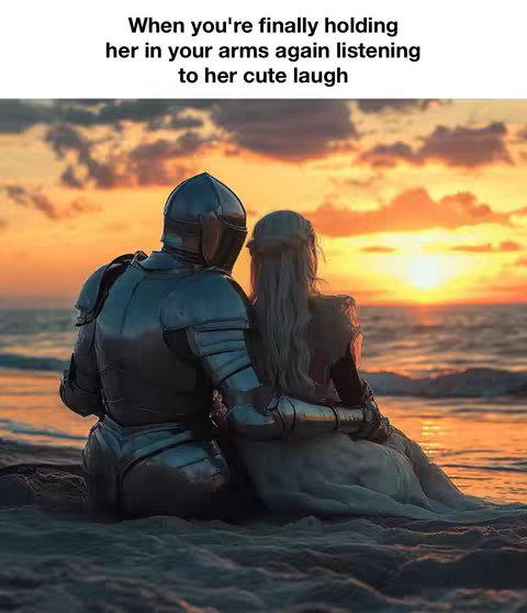The image depicts a romantic sunset scene featuring a couple, likely medieval. A knight in shining armor embraces a woman, both seated near the water's edge. The knight's back is turned, the armor gleaming. The woman, with long blonde hair, leans into the knight. The background shows a vibrant sunset over the ocean, with warm orange and gold hues. The overall layout is cinematic, emphasizing the intimate connection.