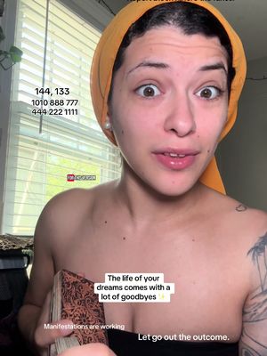 A selfie-style image features a person with an orange scarf on their head looking directly at the camera with a neutral expression. Behind them, a window with blinds provides a softly lit backdrop. Text overlays the image, including numbers, a logo, and quotes.