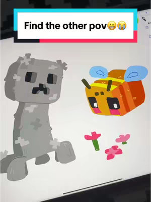 The image displays a digital illustration of two cartoon characters, a Minecraft Creeper and a bee, seemingly drawn on a digital canvas. Text overlay announces 'Find the other POV'. The colors are vibrant, with the creeper rendered in shades of gray and the bee in yellow and orange.
