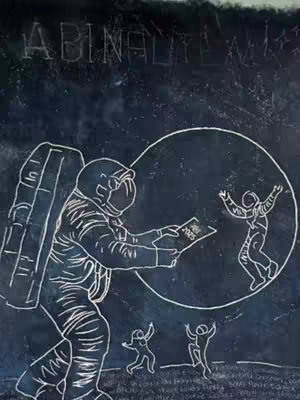 The image is a chalk drawing on a dark background, likely a chalkboard. It depicts a scene set on a celestial body, possibly the moon, with figures of astronauts. The central astronaut, drawn in white lines, holds a sheet labeled 'Abi 2023.' Several other astronaut figures are present, some with arms raised, indicating a celebratory or welcoming gesture. The overall composition has a sketched aesthetic, emphasized by the contrast of white lines against the dark surface.