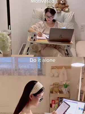 The image is split into two sections, showcasing a study setting. The top half features a person in eyeglasses, wearing headphones, and sitting on a chair with a laptop and notebook on a tray-table. Below, a section with a person in a headband is seen studying at a desk, holding a tablet. The color palette is warm, with soft lighting. The overall layout appears inviting and focused on productivity or study.