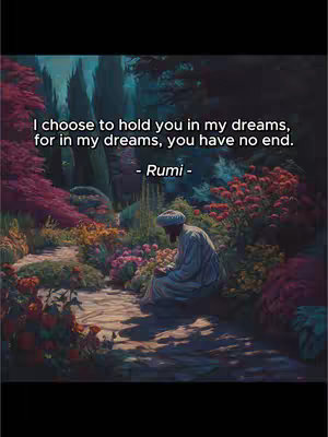 An artistic, digitally painted scene depicting a serene garden setting. In the foreground on the left and right, are colorful flowers and greenery in shades of pink and red. In the center, a stone pathway leads into the background, where tall, dark trees stand against a lighter, teal-colored sky. A man wearing a white turban and robe sits on a stone, facing down, in meditation. The image is overlaid with a quote in white text on the top, with the author's name at the bottom.