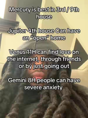 The image shows a person with dark hair and a hooded top partially covering their face. Overlayed text appears in white, listing astrological insights. The background is blurred, suggesting a casual, indoor setting. The layout is vertical, with the text filling the upper and middle section, and the person's face in the bottom section.