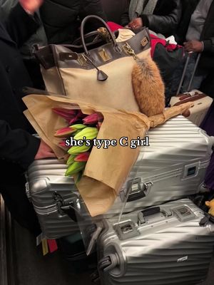 The cover image is a candid, slightly high-angle shot taken within a public space, offering an intimate and immediate view of piled travel luggage. The composition is dominated by three stacked silver suitcases, suggesting a sense of travel. A luxurious brown and beige handbag rests atop the suitcases, complemented by a fluffy keychain, a testament to the individual's style. A bouquet of flowers is tucked beneath the bag. Additional details are also visible, with the blurred figures of other people present in the scene.