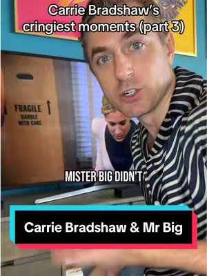 The cover image shows a man in a striped shirt speaking to the viewer. Behind him is a television screen displaying two women in a scene from 'Sex and the City'. Text overlays indicate that the video discusses 'Carrie Bradshaw's cringiest moments.'