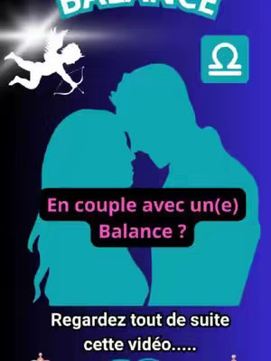 The cover image presents a silhouette of a couple embracing, set against a gradient blue background. A small white Cupid figure with a bow and arrow is positioned in the upper left corner. A Libra zodiac symbol is in the upper right corner. Text overlays, in white and pink, pose a question about couples and the sign of Libra. Additional text at the bottom encourages viewers to watch the video.