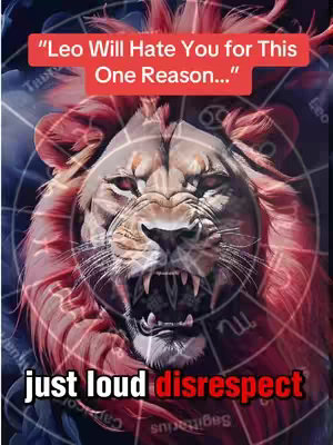 The image shows a close-up of a lion against a backdrop of a zodiac wheel. Text overlays read, 'Leo Will Hate You for This One Reason...' in a red box at the top and 'just loud disrespect' at the bottom in white with a red highlight. The lion is the central focus, with its face snarling and showing teeth.