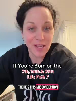 A woman is centered in the frame, speaking toward the camera. Text overlayed reveals details about numerology, birthdates, and life paths.