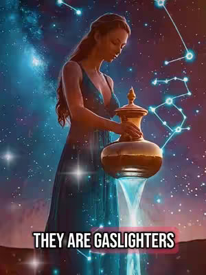 An artistic depiction of the Aquarius zodiac sign. A woman in a flowing blue dress is pouring water from a golden urn, with a starry night sky and constellations in the background.