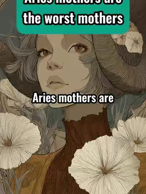 An artistic illustration featuring a woman with an ethereal appearance, adorned with large curled horns akin to those of a ram. She is depicted with a pale complexion, dark eyes, and a neutral expression. The woman is framed against an intricate background with soft, muted tones of green and beige, creating a dreamy ambiance and large white flowers add contrast and visual interest to the overall composition.