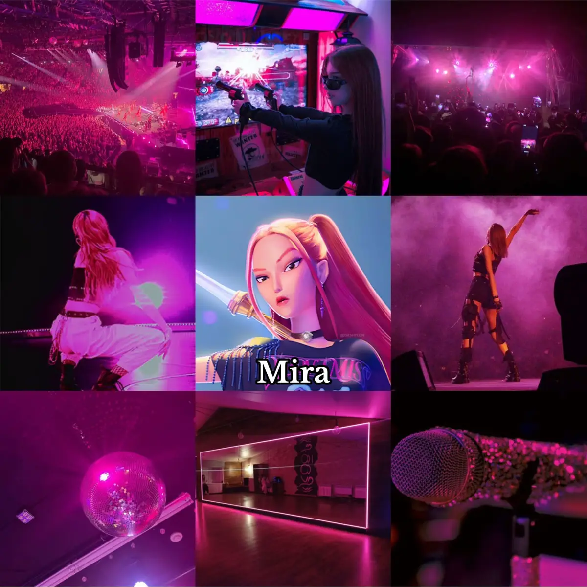 A grid collage featuring a diverse range of images predominantly in pink and purple hues. Elements include a lively concert scene, a person playing a video game with guns, a central animated female character with pink hair and a sword, a dancer on stage, a disco ball, a dance studio, and a microphone.