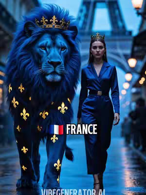 The cover image depicts a woman walking on a paved street next to a large blue lion. The lion is wearing a gold crown and has gold fleur-de-lis designs on its body. The woman is wearing a matching blue outfit and crown and a French flag is on the lion’s flank. The background showcases buildings.