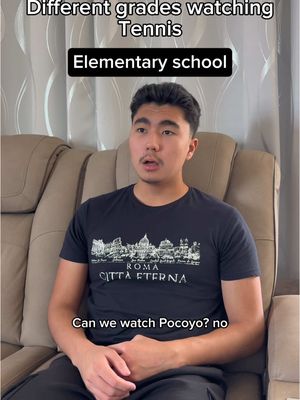 The cover image displays a young man seated on a beige sofa. Above him, text overlays read 'Different grades watching Tennis' and 'Elementary school'. Below this, a speech bubble contains the text 'Can we watch Pocoyo? no'. The background suggests a home setting with a neutral-toned wall and decor.