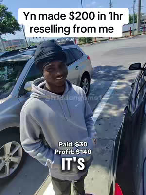 A man in a gray hoodie and black head covering stands in front of two parked cars. Text overlays detail financial information.
