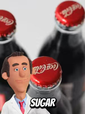 The image features a cartoon doctor character in a white coat, set against a blurry background of Coca-Cola bottles. The doctor is looking towards the left. The bottles have red caps. The word 'SUGAR' is in a black box at the bottom of the image.