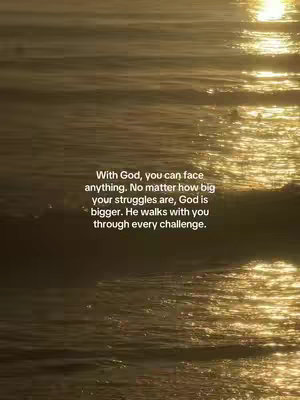An image of the ocean with golden sunlight reflecting on the water's surface. Text overlayed on the image reads a motivational religious message.