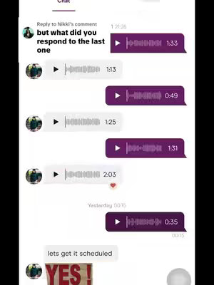 A phone screen displays a chat interface with message bubbles and audio waveform visualizations. The chat includes multiple responses and a "YES!" sticker.