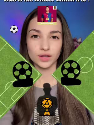 A young woman with long brown hair is centered in the frame, looking directly at the viewer. The background is partially obscured by green and white graphic elements reminiscent of a soccer field, with two soccer ball graphics positioned on either side of the woman. At the top center, there's a small image featuring a man in a soccer uniform. Overlay text appears at the top of the image.