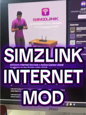 The cover image shows a computer monitor displaying content related to The Sims 4 video game. The monitor screen is the primary visual element. Overlayed on the screen is text and graphics. The text includes the phrase 'SIMZLINK' in large, bold font with a neon purple glow effect, along with 'INTERNET MOD' underneath. The image includes a Sim character. The color palette is centered around purple, white, and black, with the purple of the text and elements in the game on display. The composition is a screenshot of the game itself.