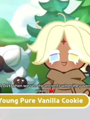An animated image featuring two characters from the game Cookie Run: Kingdom with a light green background with trees. The cookie characters are in the forefront, with a light-haired character with yellow eyes and is wearing a brown robe, and another character is behind it with blue skin and what looks like a white sheep. The image has text at the bottom on a gold background.