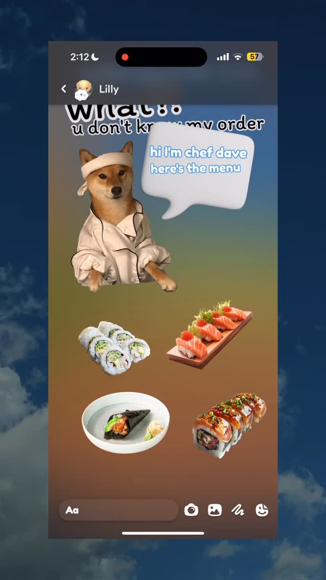 A phone screen displays a text message exchange with food images, featuring a Shiba Inu dog in a chef's outfit. Various sushi dishes and a cloud background are visible, with a time indicator at the top left.