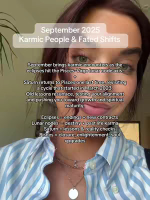 A selfie-style video cover image featuring a woman with auburn hair and green eyes. She is wearing a light blue striped button-down shirt and a few delicate necklaces. Text overlays include the title "September 2025 Karmic People & Fated Shifts" in a rounded rectangle and additional text about astrological events. The background is a soft gradient.