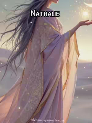 The cover image features a woman in a flowing, fantasy-style dress. The woman has long, gray hair and is reaching out with her hand. Text overlays the image, indicating it relates to the name 'Nathalie.' The color scheme is soft and pastel, with emphasis on pink, gold, and white.
