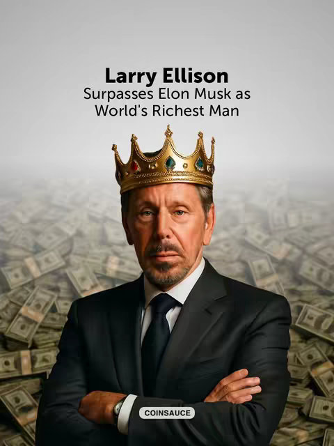 The cover image features a portrait of Larry Ellison, dressed in a suit and wearing a gold crown, symbolizing his rise to the top. He stands with his arms crossed in front of a blurred background of stacks of money, emphasizing wealth. Above him is the text announcing his achievement. The overall composition uses dark colors and lighting to create a rich and powerful feel.