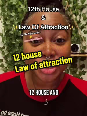 A close-up shot of a woman's face with various text overlays related to astrology and the law of attraction. She has dark hair and a nose ring. The background appears to be of green leafy plants.